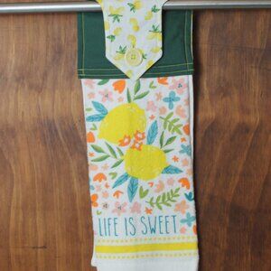 LIFE IS SWEET HAND TOWEL YELLOW WHITE GREEN FLORAL LEMON PRINT HANDMADE HANGING